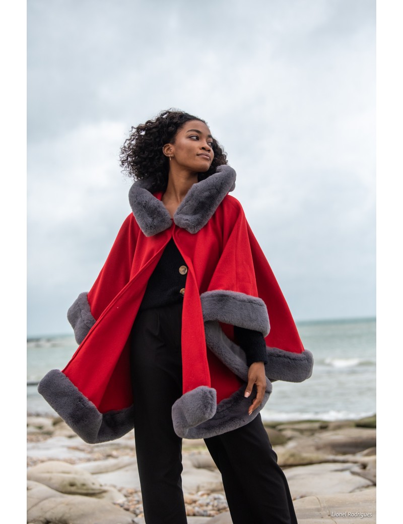 Red wool and cashmere cape edged with faux fur - ALINE